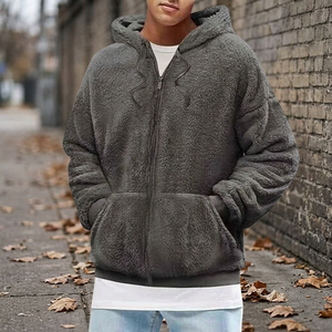 Chaqueta con capucha y cremallera de jersey suave estampada, oversize, marrón acogedor, con bolsillo frontal, capucha ajustable, informal, cálida, para otoño, ropa exterior ODM para hombre - Product Image 3