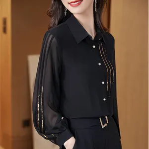 卸売高品質新しいエレガントな女性のルーズシャツ折り襟黒カジュアル女性服トップスオフィスレディースブラウス