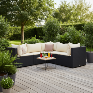 Ensemble de salon de jardin en rotin noir moderne avec coussins crème, capacité 7 personnes, mobilier d'extérieur - Product Image 2