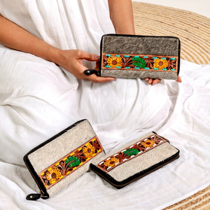 LW Western Style Hair On Hide Colour Tooled Fur Leather Clutch Women Designed Purse Hot Selling Tooled Leather Unique Wallet - Product Image 1