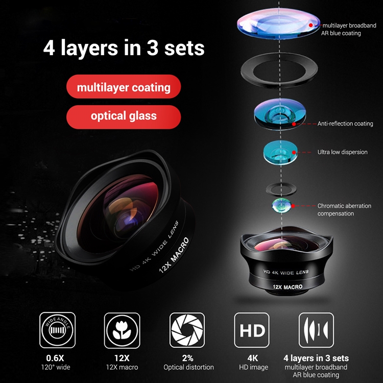 Two in One 16mm Wide Lens + 12X Macro Lens Set Clipon Phone Camera Lens Addon Lenses Kit