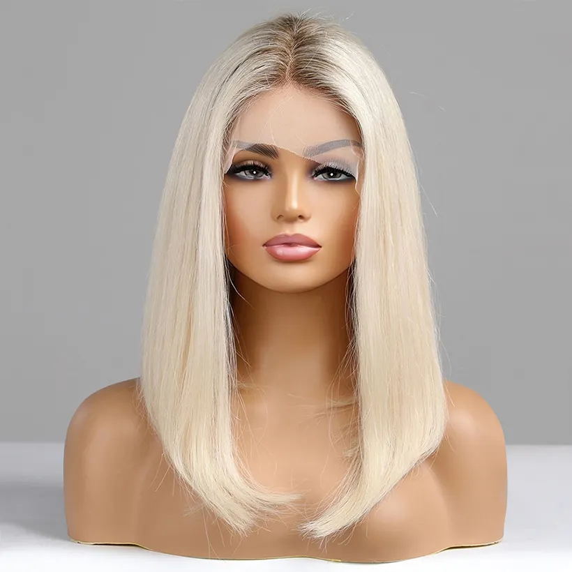 14 Zoll kurze Ombre grau blonde Bob Perücke gerade Frisur transparente Spitze Front Perücken Remy Haar 100% Echthaar Perücken leimlos