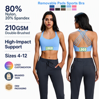 Soutiens-gorge de sport personnalisés pour femme avec logo, vente en gros, maintien élevé, bretelles croisées au dos, 210 GSM, push-up, pour entraînement, gym et yoga