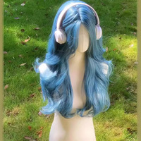 Wig Sintetis Cosplay Biru Bergelombang Panjang Desain Baru untuk Wanita, Wig Tanpa Lem HD untuk Cosplay, Rambut Kepang Tahan Panas, Wig Rambut Manusia