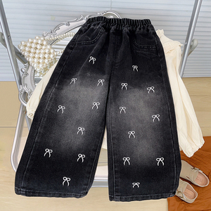 <span class=keywords><strong>Pantaloni</strong></span> in denim <span class=keywords><strong>neri</strong></span> da <span class=keywords><strong>bambina</strong></span> Guai Boutique, jeans a gamba larga con stampa a fiocco per neonate e bambine piccole - Product Image 6