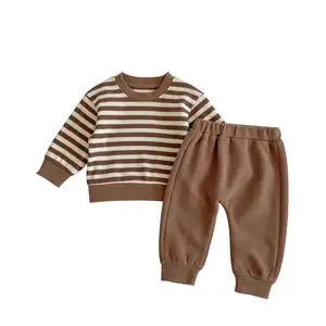 Lente Baby Unisex Gestreepte Wafel Katoenen Top Broek Met Lange Mouwen 2 Stuks Pak Baby Kleding Sets