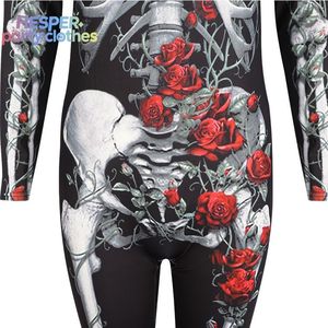 HESPER Disfraz de Halloween para Mujer, Mono Ajustado Elástico con Estampado de Calavera y Rosa Fantasmal, Ropa de Pascua Aterradora - Product Image 3