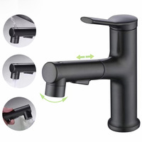 Robinet de lavabo noir rétractable à poignée unique et à trou unique, avec valve en céramique à noyau interne tout cuivre, pour eau chaude et froide