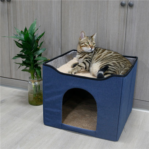 Pet Bed Square Blue Grey Fabric Fiber Fill <b>Hand</b> <b>Wash</b> Cat House Open Style Dual Purpose Folding Pet Bed - Product Image 2