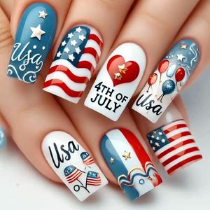 Faux <span class=keywords><strong>ongles</strong></span> en acrylique fabriqués à la machine, thème 4 juillet USA, 24 pièces/boîte, carrés moyens, avec colle, vente en gros, patriotiques pour le Jour de l'Indépendance - Product Image 1