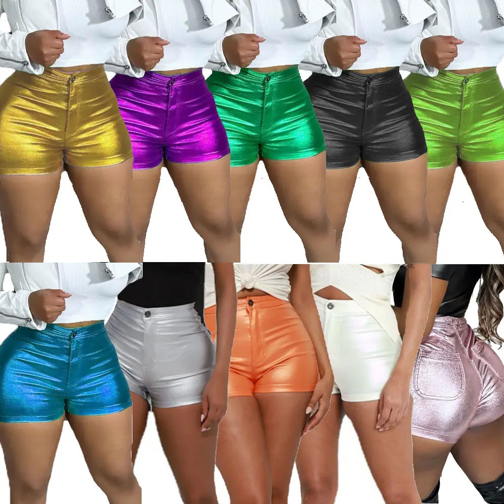 2023 New Clothes Women Booty Shorts For Hot Girls Metallic Shorts Women Faux High Waist Pu Leather Shorts Women
