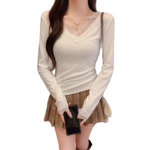 White V-Neck Lace Trim Knit Top For Women Slim Fit Everyday Wear Base Layer Long Sleeve Blouse - Product Image 5