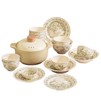 Ensemble de vaisselle en céramique de luxe, couleur jaune vert crème, fleurs, assiette et bol, hôtel, restaurant, ménage, pâtes, steak, porcelaine