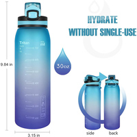 Bouteille d'eau en plastique de qualité alimentaire avec marqueur de temps, échelle de mesure, couvercle à verrouillage rapide, poignée de transport, anti-fuite, portable pour le camping et la salle de sport