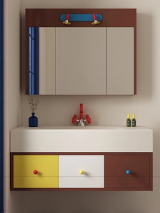 Meuble de salle de bain mural avec vasque intégrée en pierre de roche colorée à blocs de couleur, miroir lumineux intelligent et éclairage intégré - Product Image 1