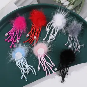 3D kabarık Pom Pom Charms ile yün topu kolye mıknatıs inci vizon kürk boncuklu damla küpe aksesuar konfeksiyon broş