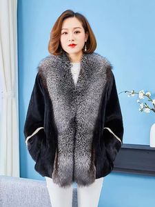 Manteau en fourrure de vison naturel haut de gamme pour <span class=keywords><strong>femme</strong></span> avec grand col en fourrure de renard <span class=keywords><strong>argenté</strong></span>, veste d'hiver luxueuse et fourrée, grande taille, vêtement d'extérieur - Product Image 3