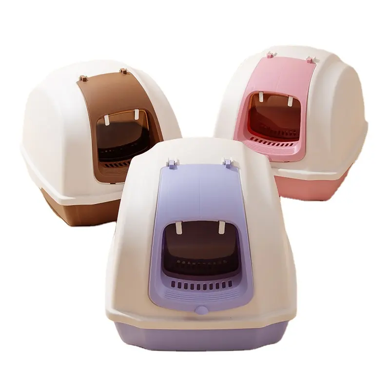 Fast Shipping Wholesale Manufacturer PP Plastic Closed Pink Brown Pet Toilet Cleaning Sets Detachable Cat Litter Box