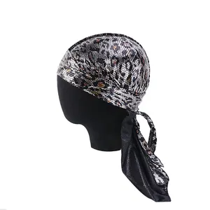 Silky Durag Cap Leopard Silk 360 Wave Long Tail Headwraps Wide Straps Wave Caps Headwear Hip Hop Caps