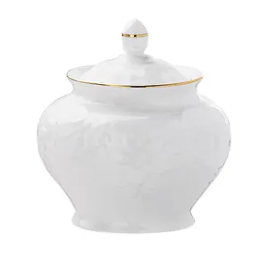 Afternoon Tea White embossed new bone china golden rim ceramic sugar pot with lid