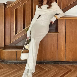Robe longue moulante élégante blanche pour femme, col plissé épaules dénudées, tricot côtelé, manches longues, robe de soirée romantique - Product Image 4