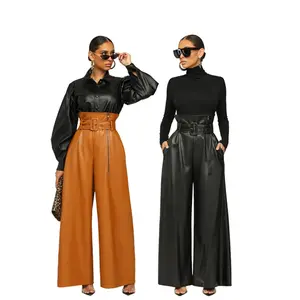 2023 Elegant Yellow Black Belted High Waist Wide-Legged Faux Leather Pants Women