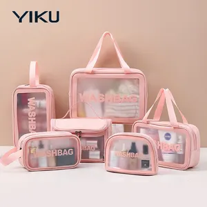 로고 사용자 정의 6pcs 여행 투명 비닐 방수 비치 지퍼 세척 가방 TPU PVC 화장실 여성 투명 화장품 가방 손잡이