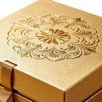 Caja de Regalo Cuadrada Dorada Decorativa Personalizable de Cartón con Tapa y Base, con Cinta y Grabado/Relieve