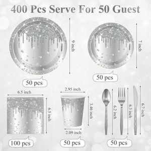 Silver Glitter Diamond Paper <b>Plates</b> Cups Napkins Cutlery Set For Wedding Birthday Party <b>Disposable</b> Tableware Kit - Product Image 3