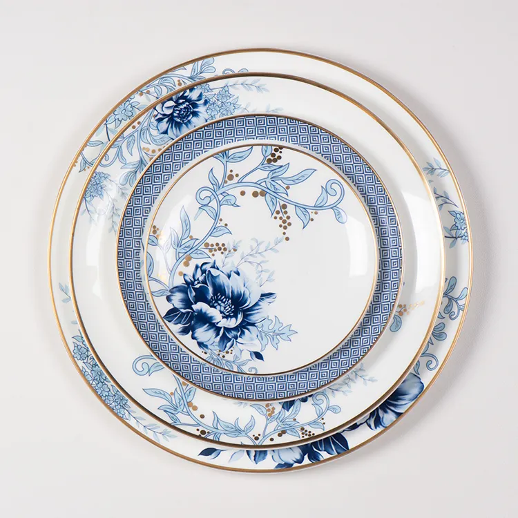 Luxe Blauw En Wit Lader Plaat Populaire Ontwerp Bone China Bord Sets Italiaanse Porselein Servies