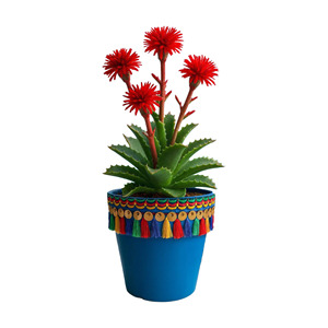 Maceta Decorativa de Plástico para Jardín NF Lauren Pot, Estilo Boho, Decorada a Mano, Maceta de Escritorio con Borlas Azules y Flores - Product Image 1