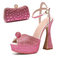 Sandales à talon bloc compensé et bout ouvert avec strass pour femme, grande taille, à talon aiguille, avec bride cheville, et pochette assortie – Ensemble élégant à talon très haut