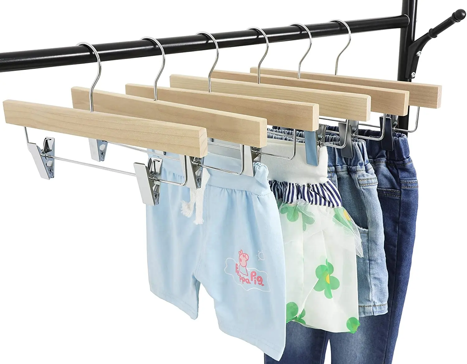 Natural Wooden Pants Skirt Hangers for Kids Baby Toddler Children Clothes hangers with Extra Thick Chrome Clips