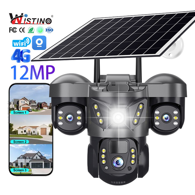 Wistino V380 12MP Network Wifi Camera Three-lens Colorful Night Vision Auto Tracking Two-Way Audio Solar Cctv 4G Sim Card