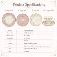 Service de table de luxe 20 pièces en porcelaine fine, décor floral bleu sarcelle et rose, bord doré à la main, assiettes, tasses et soucoupes, idéal pour cadeau
