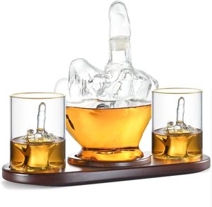 Handmade Mouth Blown High Borosilicate Glass Middle Finger Shape <b>Whiskey</b> <b>Decanter</b> <b>Set</b> 2 Glasses Wood Base 1000ml Bar Accessories - Product Image 2