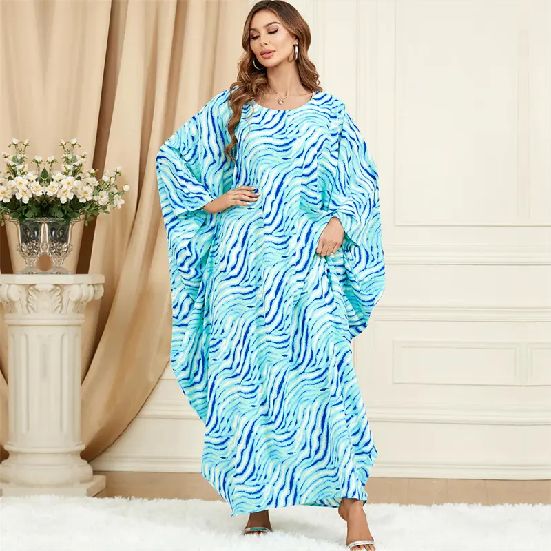 Moda modesta árabe farasha kaftan impresión personalizada azul ondulación árabe Dubai Abaya kaftan vestido
