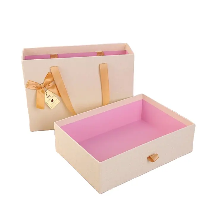 Boîte cadeau Portable avec Logo personnalisé de haute qualité avec nœud papillon laiteux, emballage d'extension de perruque de sous-vêtements, boîte en carton, boîte à tiroir coulissant