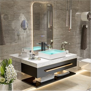 Mobile da <span class=keywords><strong>Bagno</strong></span> Sospeso in Multistrato con Lavabo da 72/60 Pollici e Top in Marmo - Product Image 2