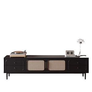 Mueble de TV y mesa de centro de ratán estilo retro francés para sala de estar, estilo Wabi Sabi, negro, con almacenamiento. - Product Image 5