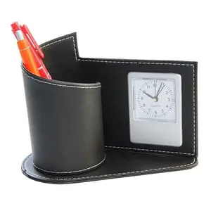 Antiker Executive abnehmbarer PU-Leder-Desktop-Stift halter mit Uhren LG-B015D