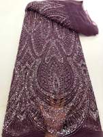 Tissu en dentelle florale à paillettes violettes de luxe, 100% polyester brodé