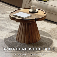 Table basse ronde moderne extensible et pliable de 35,98 pouces avec pieds cylindriques, plateau en placage de bois pour salon et bureau