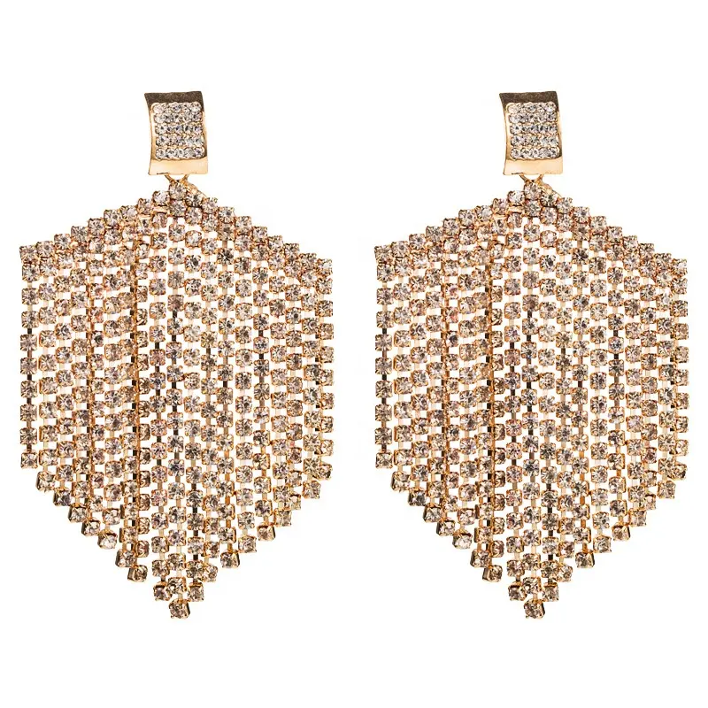 Crystal Diamante Rhinestone Long Tassel Earrings Gold Dangle Big Earring Women Ladies Wedding Bridal Earrings