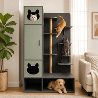 Grand meuble multi-animaux 200 cm, double niche pour chats, poteau en sisal, 6 plateformes, rangement, lit pour chien et chat en contreplaqué