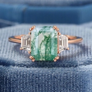 Bague de fiançailles vintage pour femme, anniversaire de mariage, coupe émeraude, agate verte, or jaune 925, moissanite, anneaux en CZ - Product Image 2