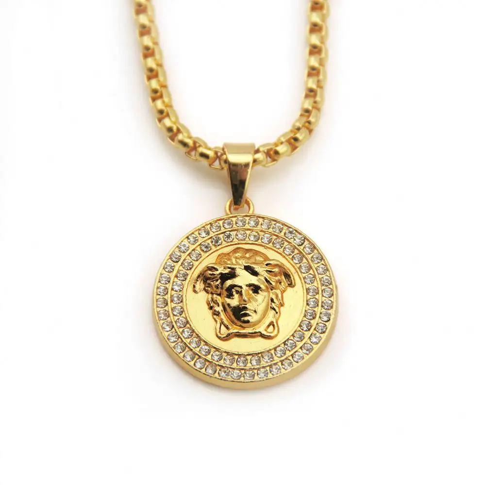 18k Gold Plated Hiphop Jewelry Stainless Steel Crystal Medusa Pendant Necklace For Men Women