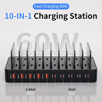 Station de charge 60W pour plusieurs appareils, station de charge rapide USB 10 ports avec séparateurs réglables