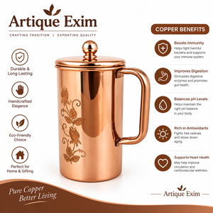 Jarra de Agua de Cobre Hecha a Mano con Tapa – Jarra para Bebidas con Grabado Floral Vintage para Cocina, Comedor y Uso Doméstico - Product Image 1