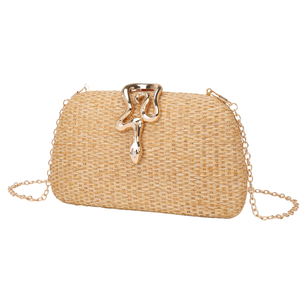 Sac de soirée élégant en paille tressée pour femme avec fermeture serpent, pochette à chaîne métallique amovible pour événements formels et vie quotidienne - Product Image 2